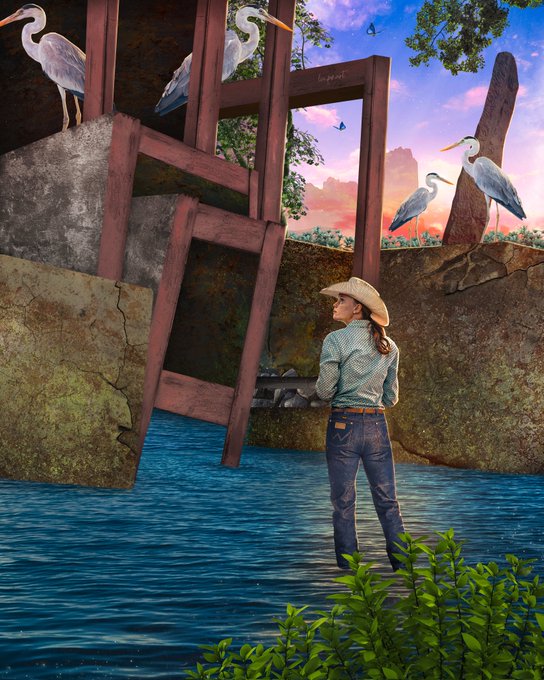 The image features a woman standing in water, surrounded by various birds including her own reflection. The scene includes a bridge made of wooden planks and a tree nearby. The background shows a beautiful sunset with pink and orange hues. The caption reads "⟡ (Saeko) ⟡ 1/1 Transient Labs 0.15 ETH".