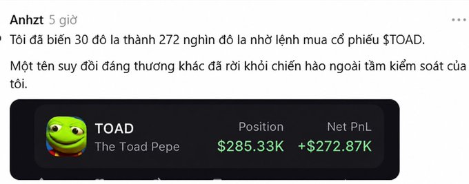 A social media post in Vietnamese featuring a trading card for "TOAD The Toad Pepe" showing a green frog face, with a position of "$285.33K" and a Net PnL of "+$272.87K".