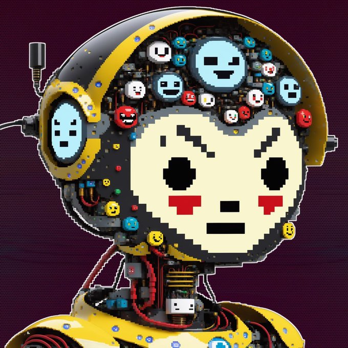 A pixel-art robot with a cracked "scared" face and an exposed brain filled with colorful emoticons floats against a deep purple background, with mechanical parts, wires, and a yellow robotic body visible below. The image evokes the emoji-filled, crypto-art aesthetic typical of NFTs like those featured in the "Kokomoji.art" collection with only 23 hours remaining before a key drop or auction closes.