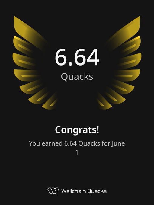 The image features a poster with an illustration of a bird's wing design, accompanied by text that congratulates users for completing a project or task. The text reads "Congratulations! You earned 6.64 Quacks for June". This indicates that the user has completed six and a half Quacks worth of work in June.