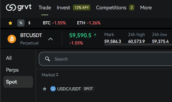 A screenshot of the GRVT exchange platform showing the newly launched Spot markets tab, with the BTCUSDT Perpetual trading at $59,590.5 (-1.55%) and a USDC/USDT spot pair listed below. The image supports the post's observation that GRVT has quietly activated spot trading—a pattern the post notes often precedes a platform's own token launch, following the trajectory of Hyperliquid, Lighter, and Aster.