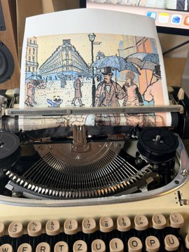 A vintage typewriter with cream-colored keys sits with a piece of watercolor artwork loaded in its carriage, depicting a rainy Parisian street scene with figures and umbrellas. The whimsical illustration featuring Parisian charm perfectly complements the post's nostalgic reference to a grandfather ("popkin"), evoking the romantic idea of an elder loved one typing out stories inspired by such classic imagery.