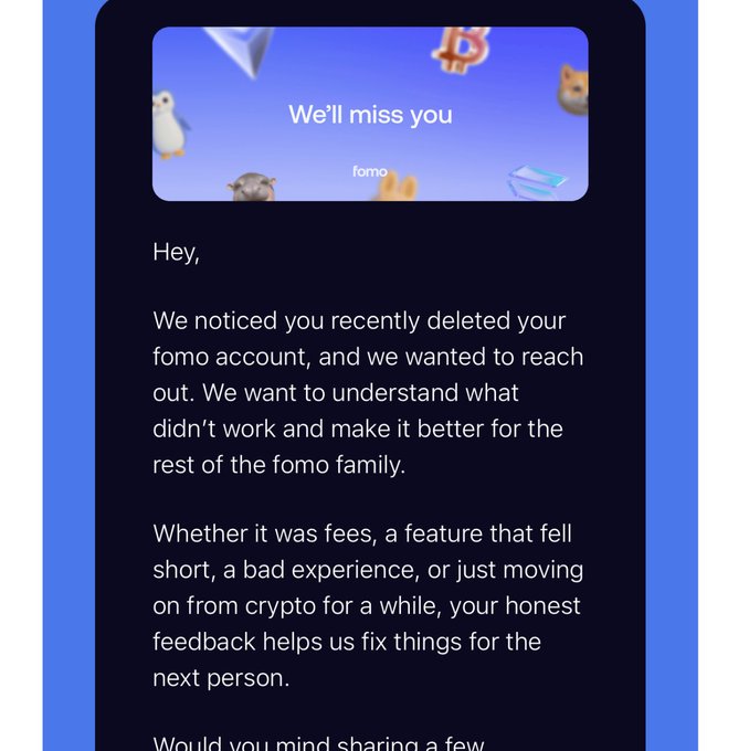 A screenshot of an email from 'fomo' with the header 'We'll miss you', addressing the recipient about deleting their fomo account and asking for feedback, featuring 3D character icons and a Bitcoin symbol.