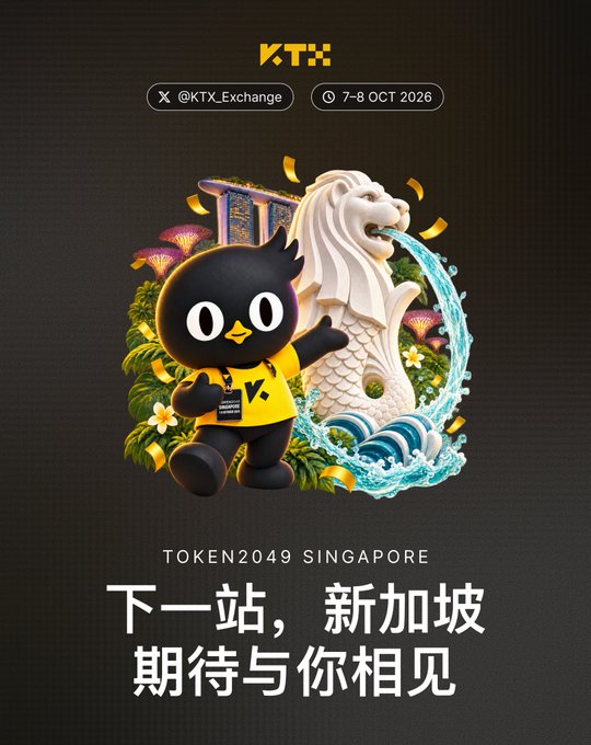 Promotional poster for "KTX_Exchange" at TOKEN2049 SINGAPORE on October 7-8, 2026, featuring a black penguin mascot in a yellow KTX shirt beside the Merlion statue, with Chinese text "下一站，新加坡 期待与你相见" (Next stop, Singapore, looking forward to seeing you).