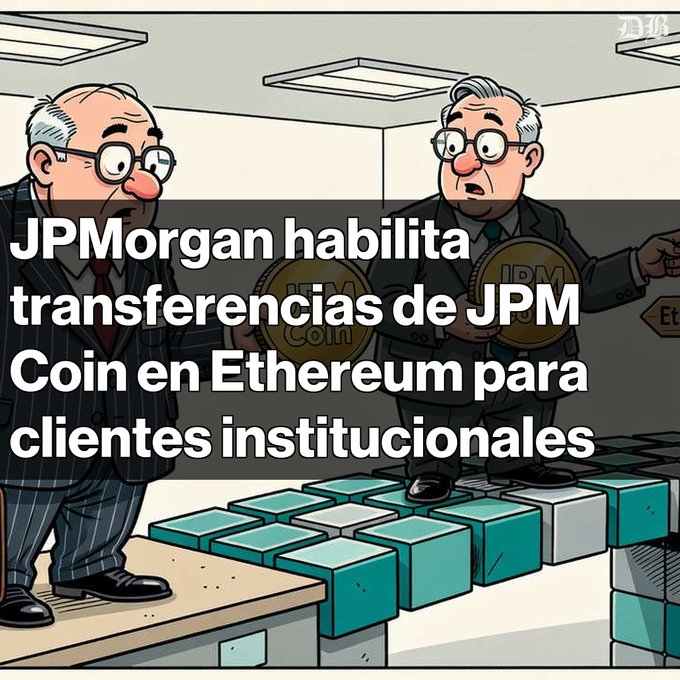 A cartoon illustration showing two men holding large coins labeled 'JPM Coin', with overlaid text in Spanish reading 'JPMorgan habilita transferencias de JPM Coin en Ethereum para clientes institucionales' (JPMorgan enables JPM Coin transfers on Ethereum for institutional clients).
