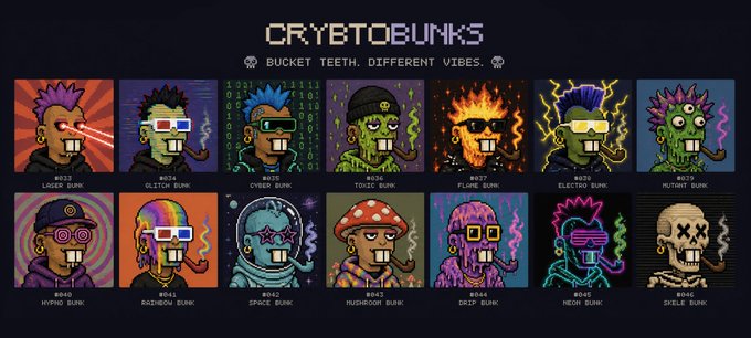 A display grid of 14 'CryptoBunks' pixel art NFTs featuring 'Bucket Teeth, Different Vibes', showcasing characters like LASER BUNK, GLITCH BUNK, CYBER BUNK, and SKULL BUNK.