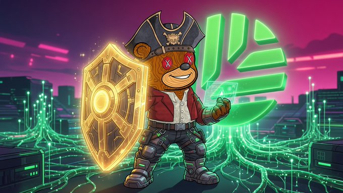 A cartoon bear character dressed as a cyberpunk pirate with a hat, red jacket, and golden shield standing against a neon green and purple digital cityscape background.