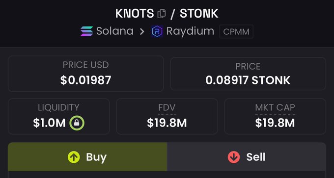 A cryptocurrency trading interface showing the KNOTS/STONK pair on Solana via Raydium CPMM, with a USD price of $0.01987, liquidity of $1.0M, FDV and market cap of $19.8M each, alongside Buy and Sell buttons.