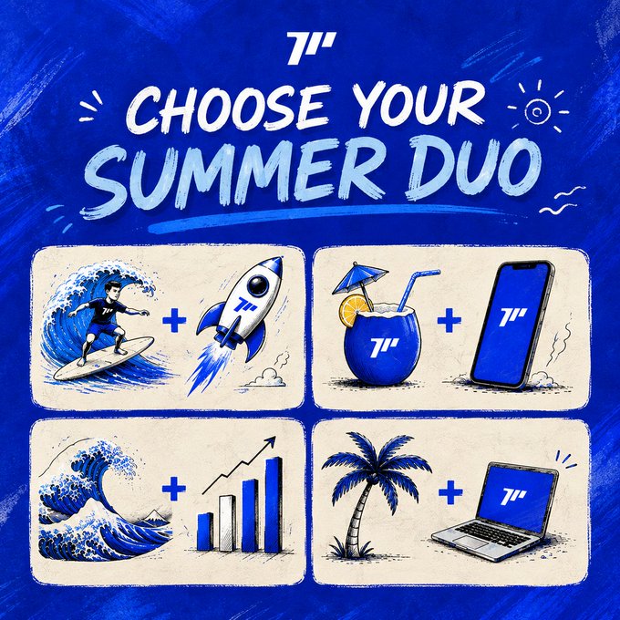 A vibrant blue promotional graphic titled "CHOOSE YOUR SUMMER DUO" displays four pairings of illustrated summer-themed items, including a surfer with a rocket, a cocktail with a smartphone, a wave with a growth chart, and a palm tree with a laptop, each marked with a "7°" logo to match the accompanying post inviting viewers to select their favorite combination.