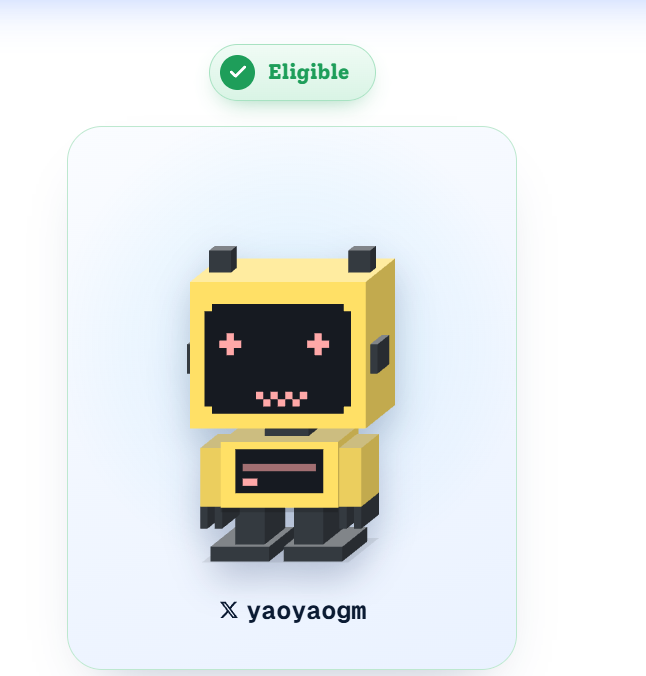 A digital collectible card displays a yellow voxel-style character with an 'Eligible' badge at the top and the X username 'yaoyaogm' at the bottom.
