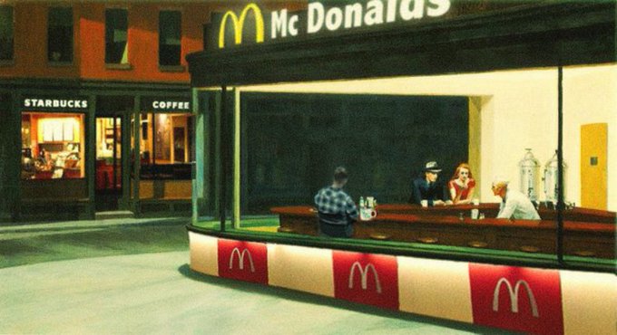 A nighttime scene shows people eating inside a McDonald's with red-and-white striped paneling, while a Starbucks Coffee shop glows warmly in the background on the left.