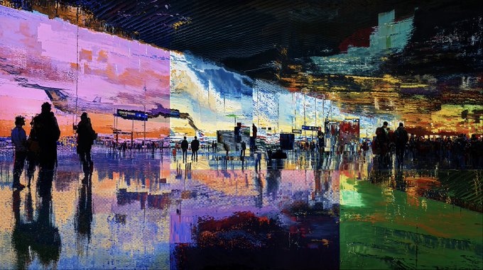 A digital painting rendered in impressionistic brushstrokes depicting a bustling city square at dusk with silhouetted figures, vibrant pink and orange skies, and a wet reflective ground.