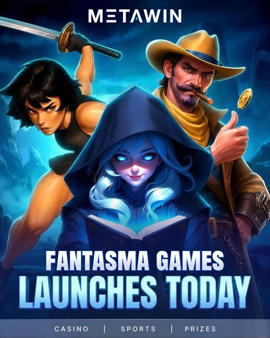 A promotional graphic for Metawin's casino launch features a hooded sorceress with glowing blue eyes, a sword-wielding warrior, and a cowboy smoking a cigar, with the bold text "FANTASMA GAMES LAUNCHES TODAY" highlighting the site's new offerings in Casino, Sports, and Prizes. The mystical, adventure-themed artwork visually represents the new gaming experience now available at metawin.com.