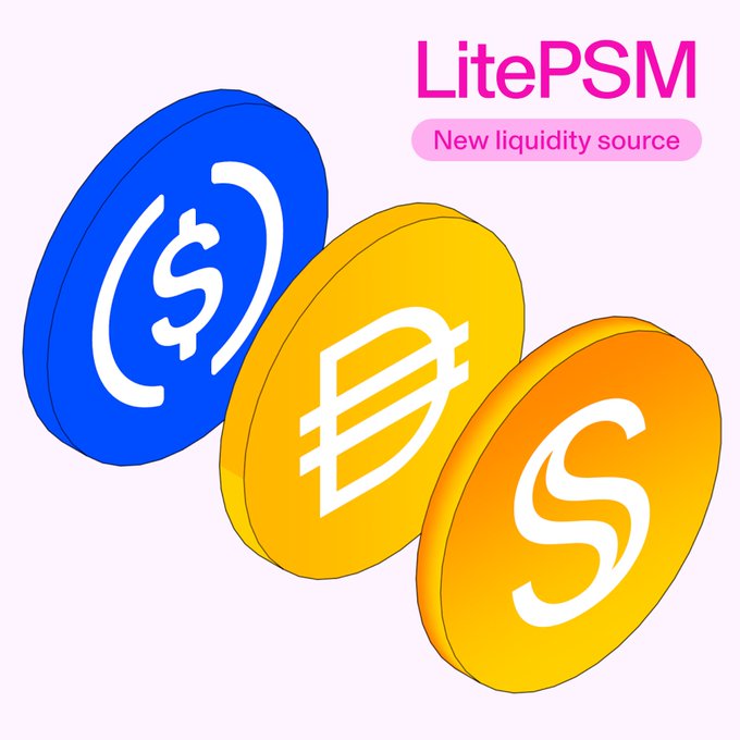 The image showcases three stylized coins representing USDC (blue), DAI (yellow), and USDS (orange), alongside the "LitePSM" branding with the tagline "New liquidity source." This visual ties directly to the post's announcement that LitePSM integrates with Uniswap to enable USDS pools to access $5 billion in USDC liquidity, illustrating the DeFi composability between major stablecoins.