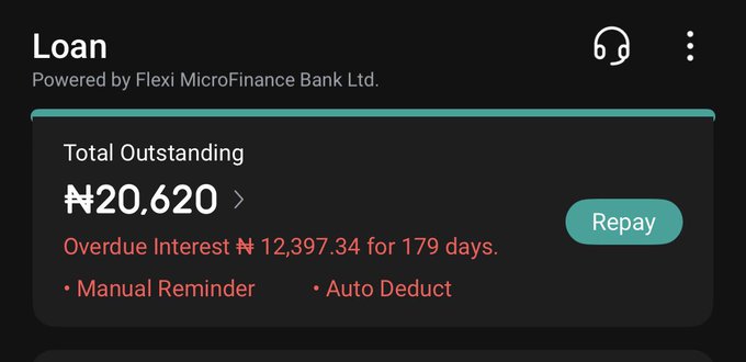 A loan app screenshot from Flexi MicroFinance Bank Ltd. shows a total outstanding balance of ₦20,620, with overdue interest of ₦12,397.34 accumulated over 179 days, alongside options for Manual Reminder and Auto Deduct.