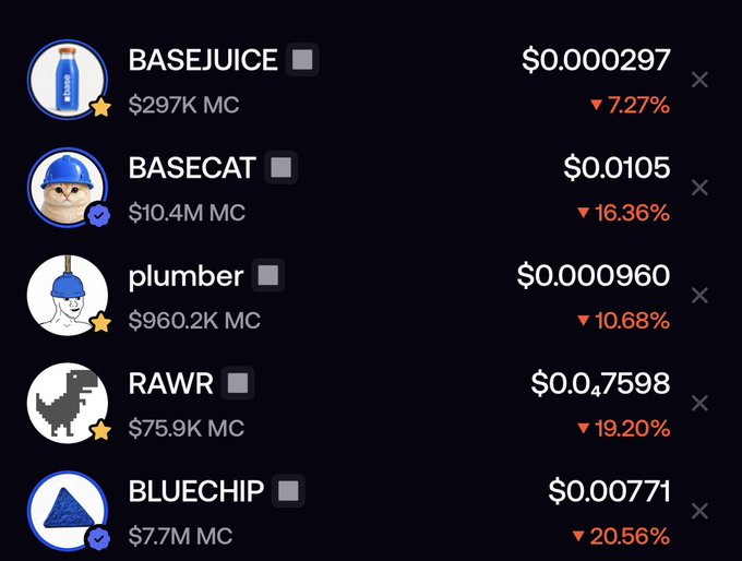 Cryptocurrency list showing tokens BASEJUICE ($0.000297, ▼7.27%), BASECAT ($0.0105, ▼16.36%), plumber ($0.000960, ▼10.68%), RAWR ($0.047598, ▼19.20%), and BLUECHIP ($0.00771, ▼20.56%) with their market caps.