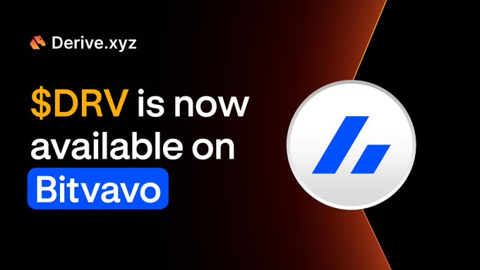 Derive.xyz ($DRV) announces its spot trading availability on Bitvavo, as shown in the promotional graphic featuring the Derive and Bitvavo logos alongside the message "$DRV is now available on Bitvavo."