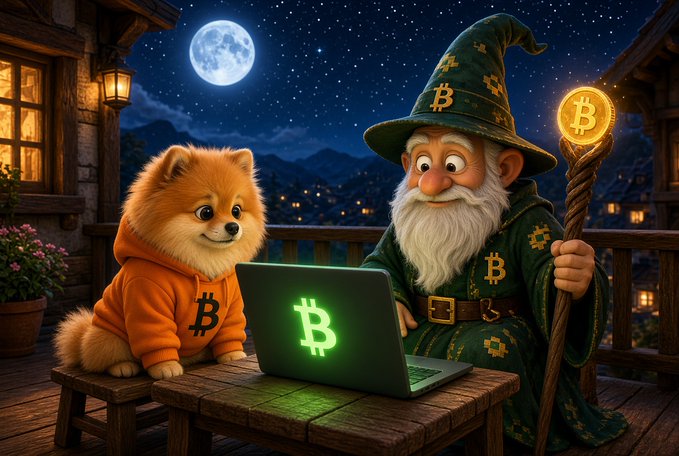 An AI-generated illustration depicting a wizard with a Bitcoin-themed hat and staff alongside a Pomeranian dog wearing an orange Bitcoin hoodie, looking at a laptop with a green Bitcoin logo on its screen at night under a full moon.