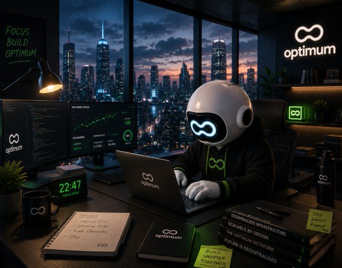 A person wearing a white robot helmet works on a laptop branded with the "optimum" logo, surrounded by monitors showing code and data in a high-tech workspace overlooking a nighttime city skyline.