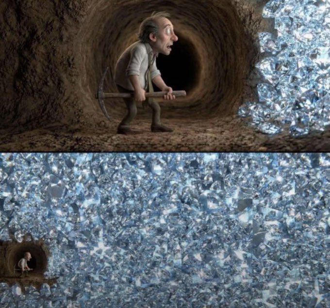 The image is a two-panel meme showing a cartoon miner with a pickaxe, first peering into a small cave entrance beside a modest pile of glittering diamonds, then revealed in the second panel to be surrounded by an absolutely massive mountain of sparkling gems. The accompanying post "I can feel it, bro. Big money is coming" matches the miner's hopeful anticipation, humorously illustrating the gap between initial expectations and the overwhelming reality of abundance—capturing the feeling of small, early gains hinting at a much larger fortune just ahead.
