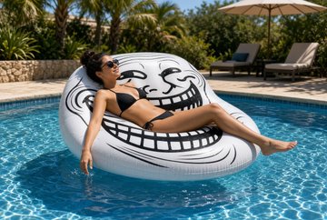 A woman relaxes on a large inflatable pool float featuring the iconic "Trollface" meme, which ties directly to the post celebrating the $Troll token community and their playful, meme-driven creativity. The image visually embodies the "troll" spirit of the crypto community as they anticipate $Troll climbing past $1.
