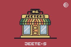 Pixel art storefront with "No.1 JETEOS" and "JETE•S" signage, supporting the accompanying post's enthusiasm by visually representing the JETEOS storefront with a standout "No.1" label to emphasize its top-tier status.