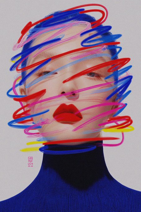 A portrait of a woman with striking red lipstick and pulled-back hair, wearing a blue turtleneck, overlaid with chaotic red, blue, pink, and yellow scribbles.