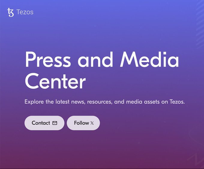 A Tezos 'Press and Media Center' webpage with a purple gradient background, featuring 'Contact' and 'Follow X' buttons.
