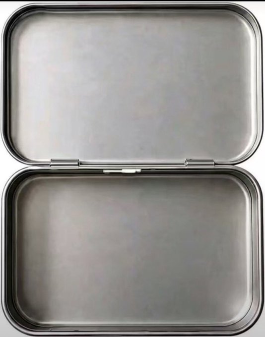 An empty rectangular stainless steel hinged tin container shown open from above.