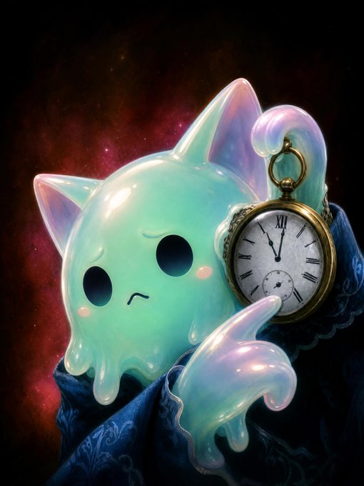 A digital illustration features a translucent, ghostly teal cat-like creature with a worried expression, holding an ornate gold pocket watch showing nearly midnight, set against a dark cosmic background.