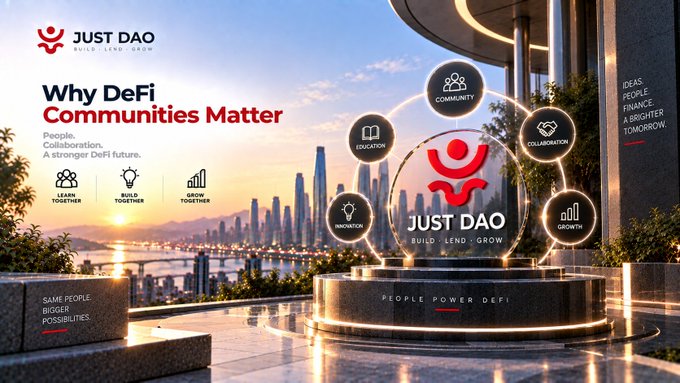 A promotional graphic for JUST DAO titled 'Why DeFi Communities Matter,' highlighting pillars like Community, Collaboration, Innovation, and Growth against a cityscape backdrop.