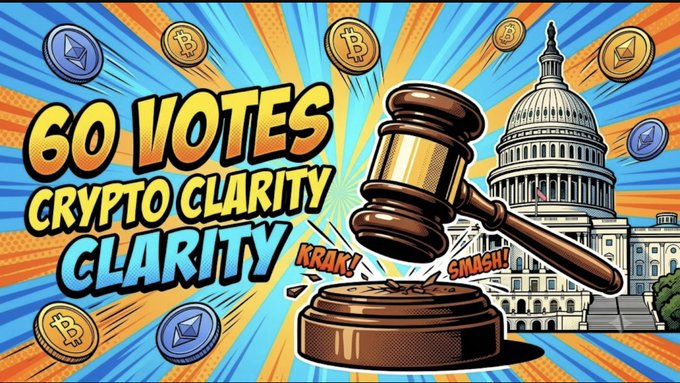 A colorful cartoon-style graphic features a judge's gavel, the US Capitol building, and floating coins, with the bold text '60 VOTES CRYPTO CLARITY CLARITY' and sound effects 'KRAK!' and 'SMASH!'.