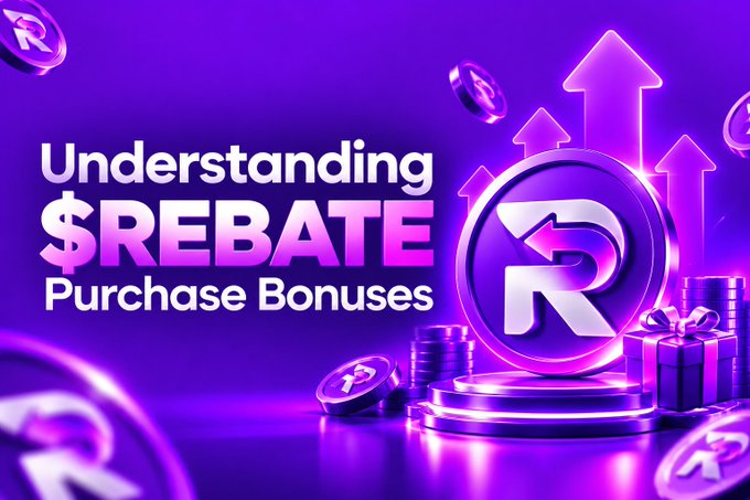 A vibrant purple 3D graphic titled 'Understanding $REBATE Purchase Bonuses' featuring a large stylized 'R' coin, stacks of coins, gift boxes, and upward arrows.