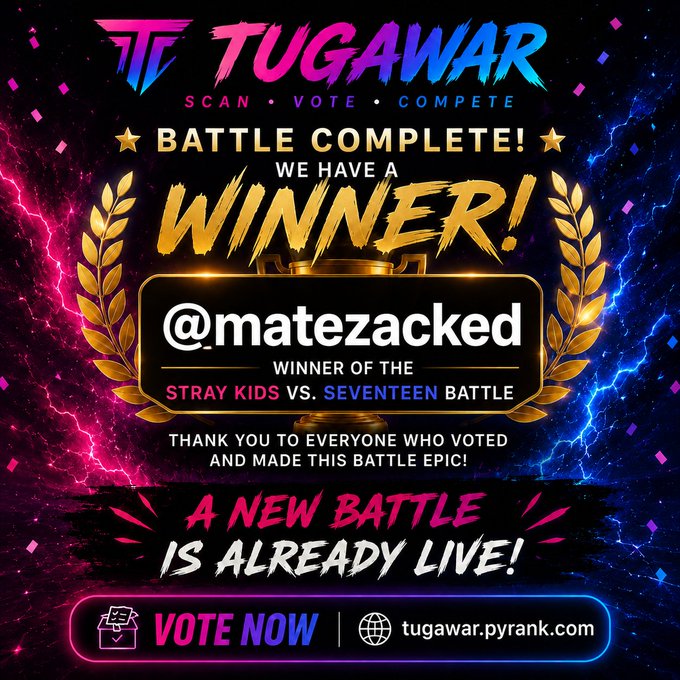 A 'Tugawar' battle result graphic declaring '@matezacked' as the winner of the 'STRAY KIDS VS. SEVENTEEN BATTLE', with a 'VOTE NOW' button linking to tugawar.pyrank.com.