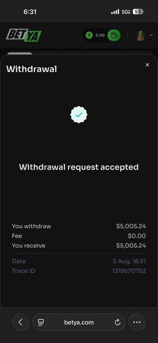 A mobile screenshot of the BetYa betting platform displays a "Withdrawal request accepted" confirmation for $5,005.24 USDT (Trace ID 1311670753), likely shared by streamer @luckyace444 to showcase a substantial win while promoting his $25 giveaway for new sign-ups.