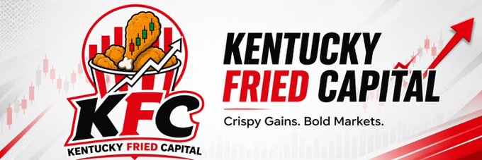A promotional graphic for "Kentucky Fried Capital" featuring a stylized KFC logo with fried chicken and a rising arrow, alongside a stock chart and the tagline "Crispy Gains. Bold Markets." The image plays on the KFC branding to market the $KFC meme coin, using food-inspired financial language to support the post's claim about the token's growing narrative and lore.