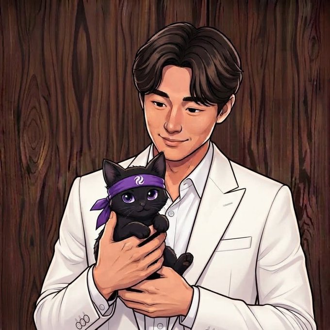 An illustrated portrait of a young man in a white suit gently holding a black kitten wearing a purple bandana.