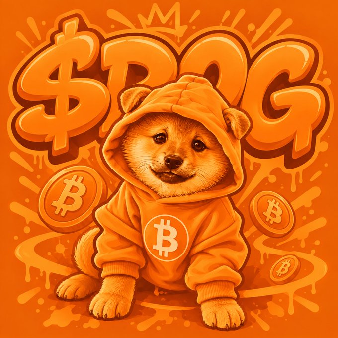 A digital illustration of an orange Pomeranian dog wearing a hoodie with a Bitcoin logo, surrounded by floating Bitcoin coins and the text '$DOG' on an orange background.