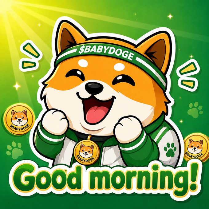 A colorful cartoon illustration of a smiling Shiba Inu dog wearing a green headband that says '$BABYDOGE' and a matching outfit, surrounded by coins and the text 'Good morning!' on a green background.