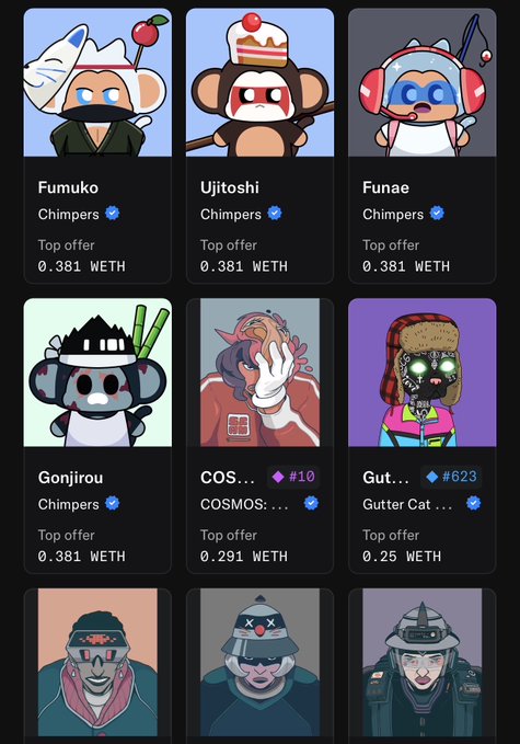 A NFT marketplace displays a grid of cartoon chimp and character avatars, including listings from 'Chimpers' and 'COSMOS' collections with top offers in WETH, such as 'Fumuko' at 0.381 WETH.