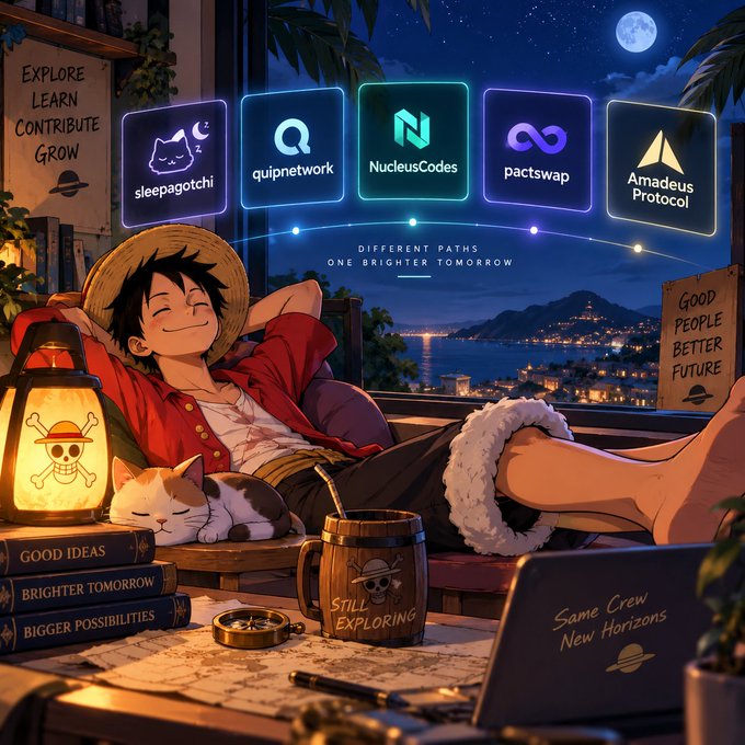 An anime-style illustration of a smiling character in a straw hat relaxing at night with a cat and lantern, surrounded by crypto/tech logos including 'NucleusCodes', 'quipnetwork', 'pactswap', 'Amadeus Protocol', and 'sleepagotchi'.