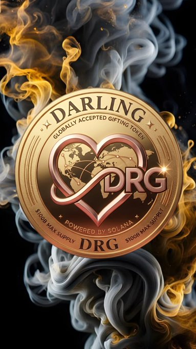 A coin-shaped emblem for Darling Token ($DRG), labeled "GLOBALLY ACCEPTED GIFTING TOKEN" and "POWERED BY SOLANA," is engulfed in dramatic orange flames and swirling white smoke—visually reinforcing the post's "Great Incineration" theme, which announces the burning of a large portion of the $DRG token supply at 14:00 UTC.