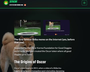 A webpage about Oscar the Shiba Inu, with text describing 'The first famous Shiba meme on the internet' and 'The Origins of Oscar,' beginning in 2011.