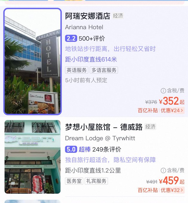 The image shows a hotel booking app listing two budget accommodations near Little India: Arianna Hotel (rated 2.2, ¥352/night) and Dream Lodge @ Tyrwhitt (rated 5.0, ¥459/night). This supports the post's claim of affordable lodging options in the Little India area during TOKEN2049, though the lower-rated Arianna Hotel's exterior hints at the "chaotic" environment mentioned.