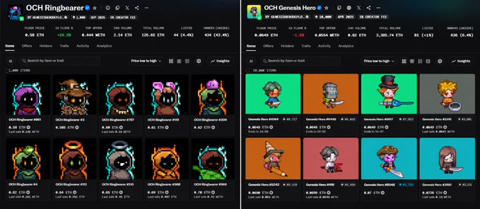 Two NFT marketplace interfaces from OnChain Heroes are displayed side by side, showing the "OCH Ringbearer" collection on the left with items priced between 0.40-0.58 ETH (approximately $1,460 each) and the "OCH Genesis Hero" collection on the right with prices ranging from 0.8525-0.9600 ETH (approximately $160 each), visually supporting the tweet's claims about potential whitelist opportunities and pricing for both YieldFields RH drops.