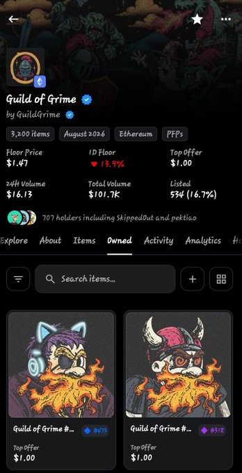 A screenshot from OpenSea showing the 'Guild of Grime' NFT collection page, displaying 3,200 items, August 2026 stats, a floor price of $1.47, 1D floor down 13.9%, total volume of $101.7K, and pixel art character items with $1.00 top offers.