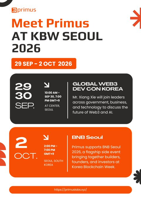 A promotional poster for Primus at KBW SEOUL 2026 (Sept 29 – Oct 2, 2026), highlighting the Global Web3 Dev Con Korea (Sept 29-30, AT Center, Seoul) and BNB Seoul (Oct 2, Seoul, South Korea), with the URL https://primuslabs.xyz/ at the bottom.