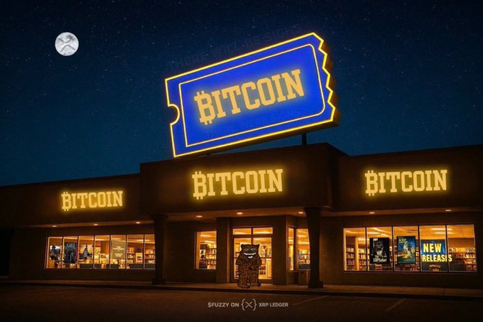 A nighttime scene shows a building with a large illuminated 'BITCOIN' ticket-shaped sign, with a small furry creature character standing in the doorway and the XRP Ledger logo visible.