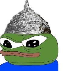 A Pepe the Frog meme wearing a tinfoil hat, a humorous reference to conspiracy theories.
