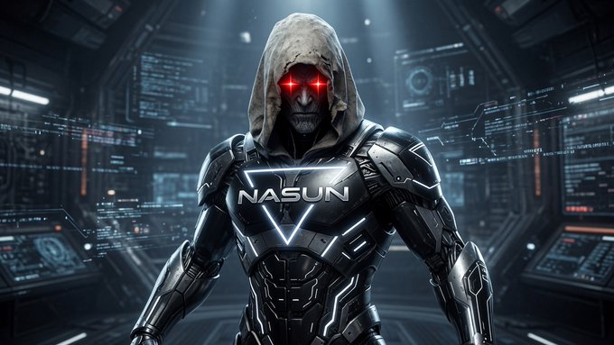 A hooded cybernetic figure with glowing red eyes stands in a futuristic setting, with 'NASUN' displayed across its chest armor.